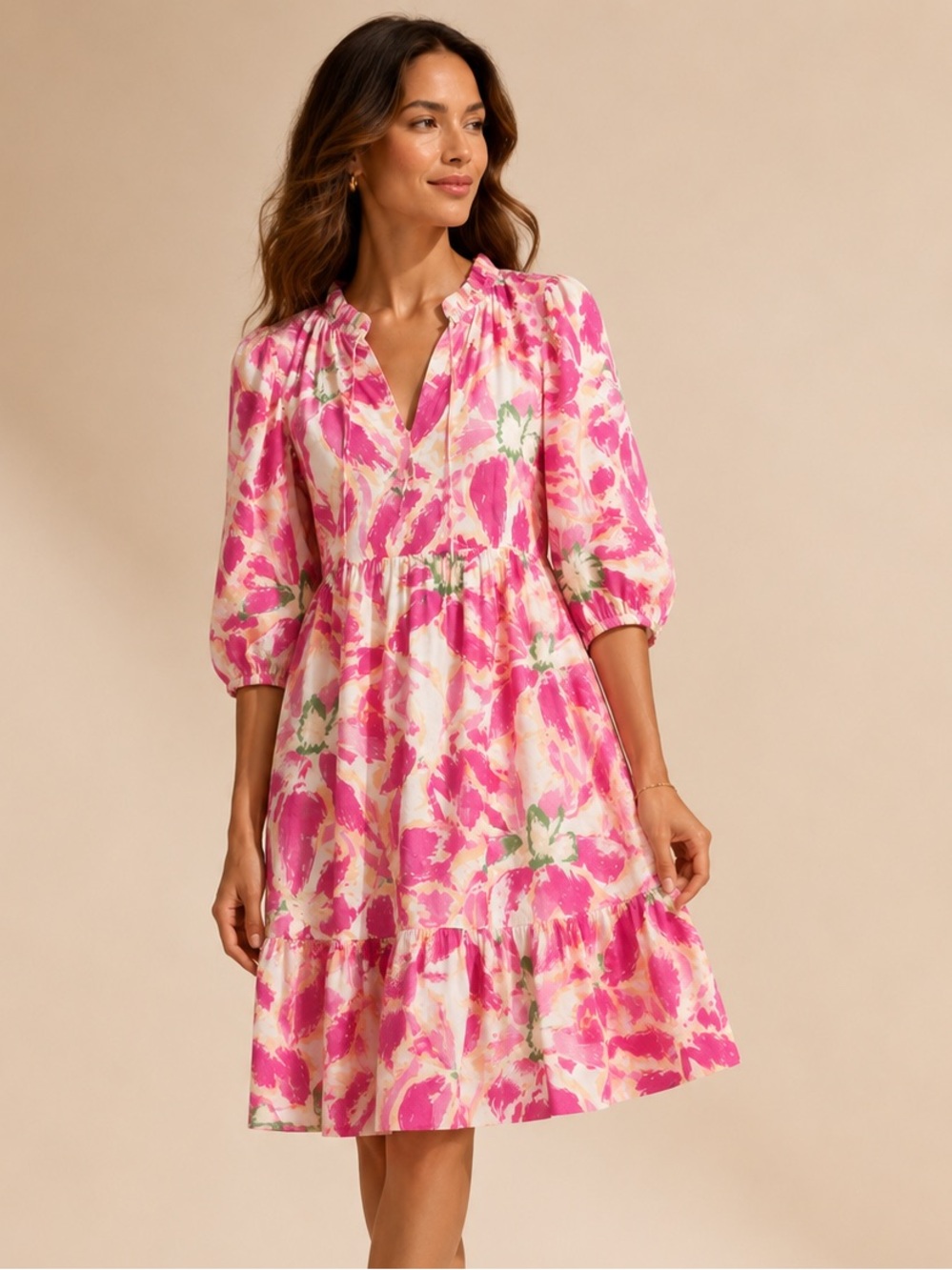 Jodifl Pink Floral Knee Length Dress M Puff Sleeve Cottagecore